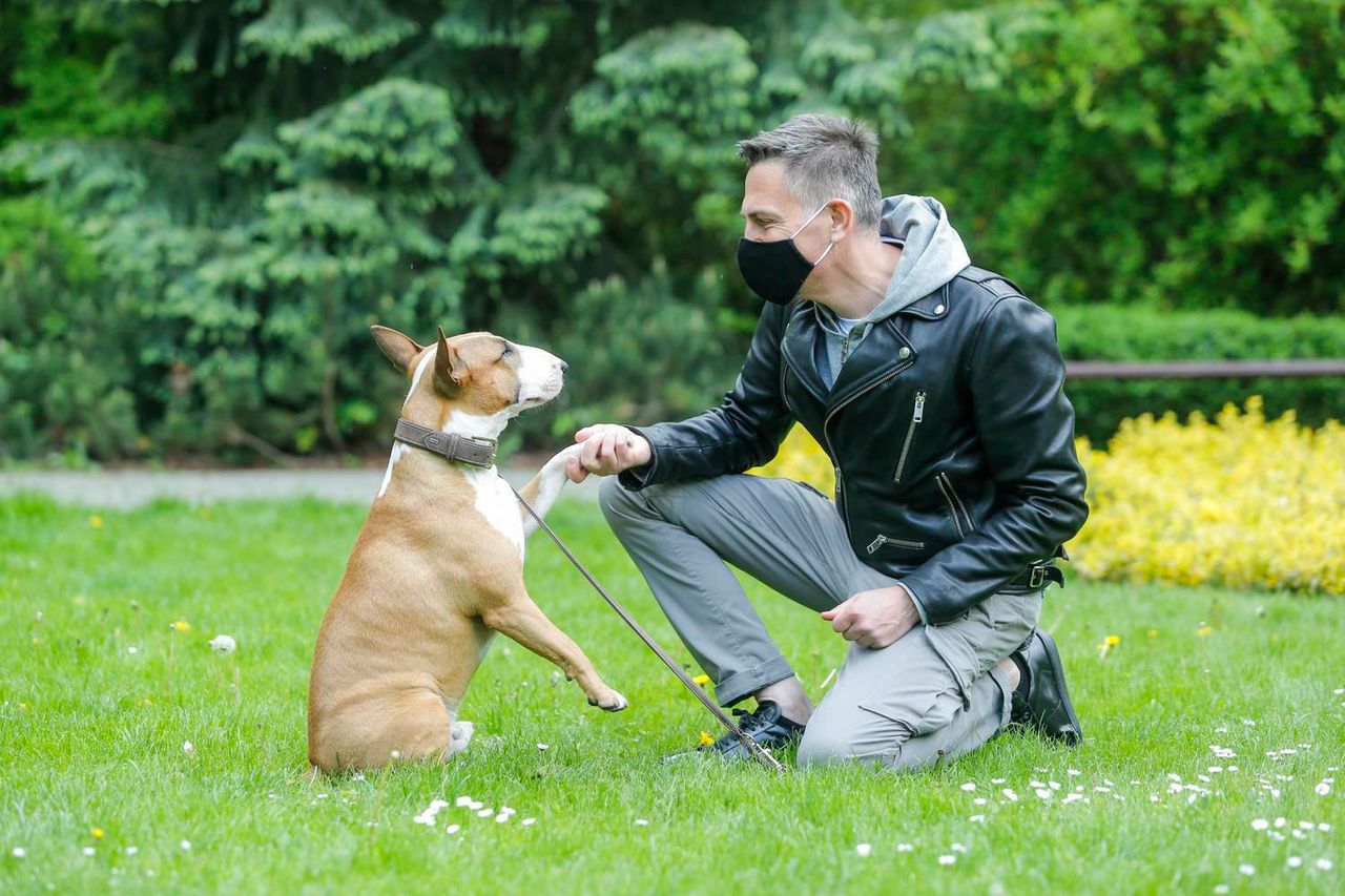 Krzysztof Ibisz na spacerze z psem