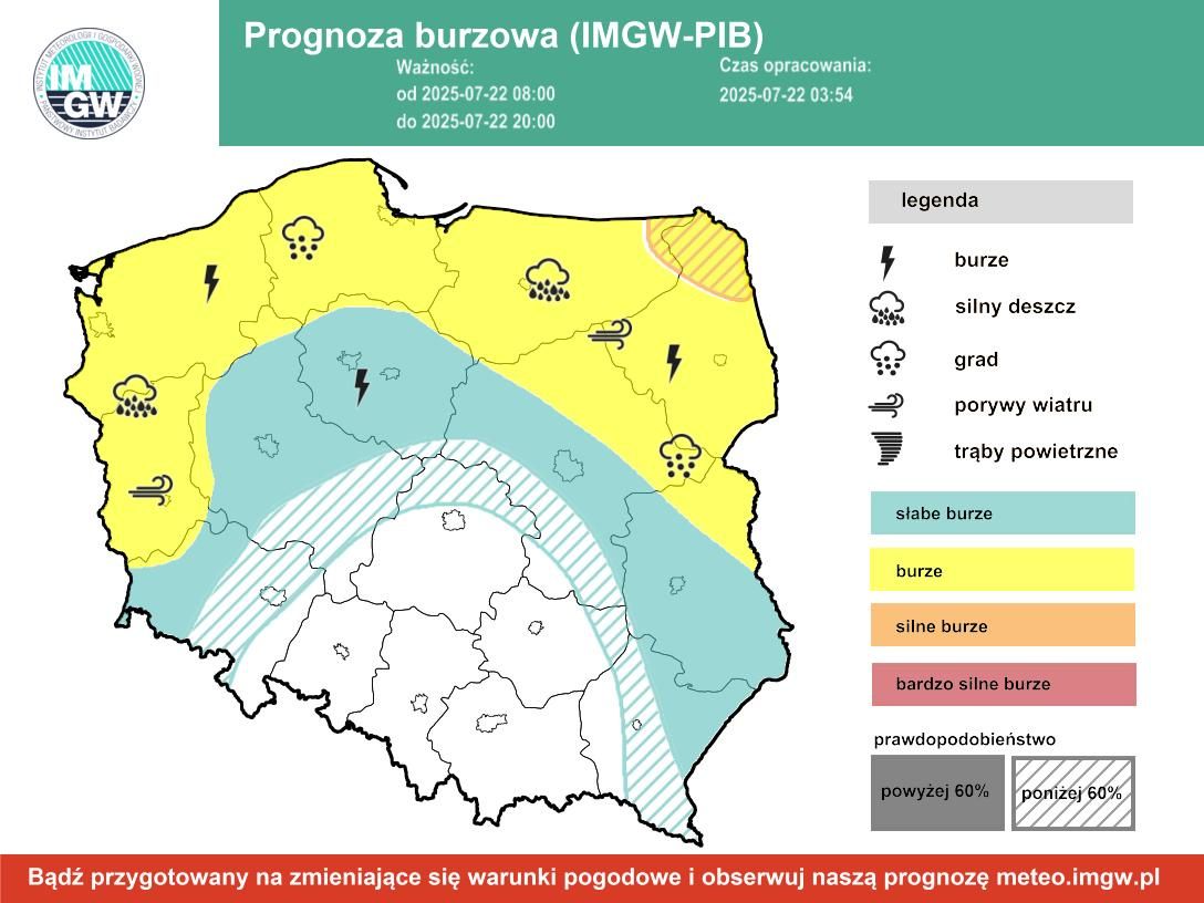 Prognoza burzowa IMGW na wtorek, 22 lipca 2025