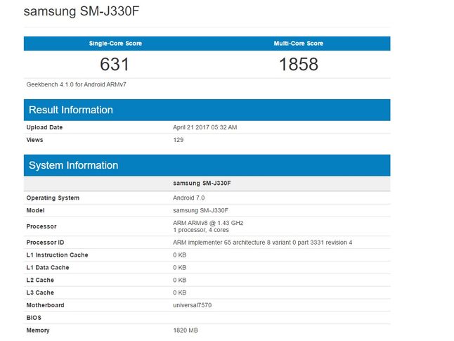 Samsung Galaxy J3 (2017) w bazie Geekbench
