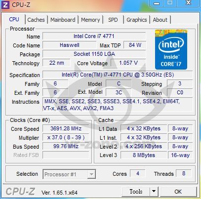 Intel Core i7 4771 procesor specyfikacja CPU-Z