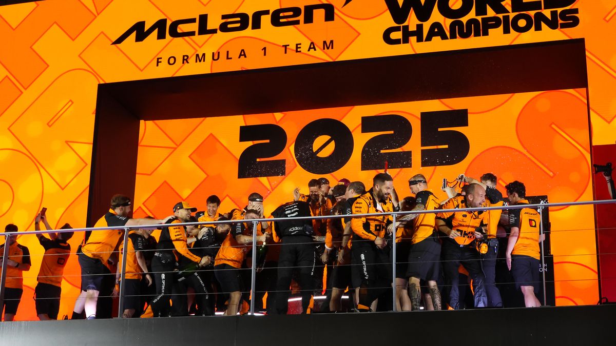 The McLaren F1 Team celebrates its 2025 FIA Formula 1 World Constructors' Championship victory on the podium following the 2025 Formula 1 Singapore Grand Prix, round 18 of the 2025 FIA Formula 1 World Championship, at Marina Bay Street Circuit in Singapore, on October 5, 2025. (Photo by Wan Mikhail Roslan/NurPhoto via Getty Images)