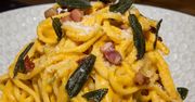 Spaghetti ze szpinakiem, dynią i boczkiem