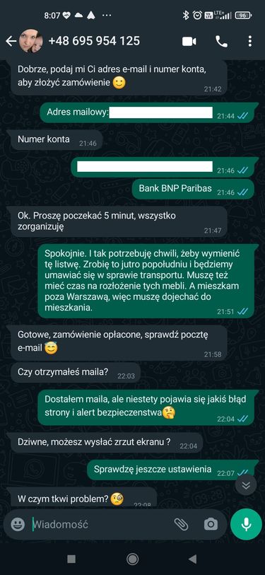 Wiadomości na WhatsApp od fałszywego klienta