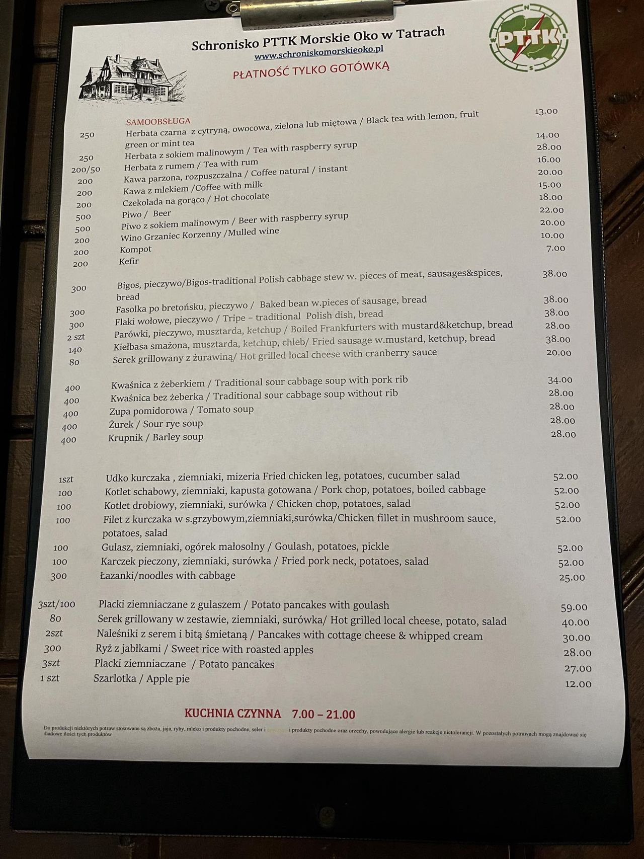 Menu w schronisku nad Morskim Okiem