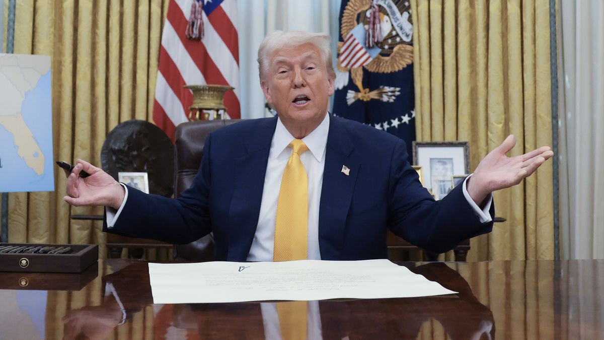 WASHINGTON, DC - FEBRUARY 21: U.S. President Donald Trump answers questions after the swearing-in ceremony for Commerce Secretary Howard Lutnick in the Oval Office at the White House on February 21, 2025 in Washington, DC. Lutnick, the former CEO of Cantor Fitzgerald and BGC Group, was confirmed by the Senate 51 to 45. (Photo by Win McNamee/Getty Images)