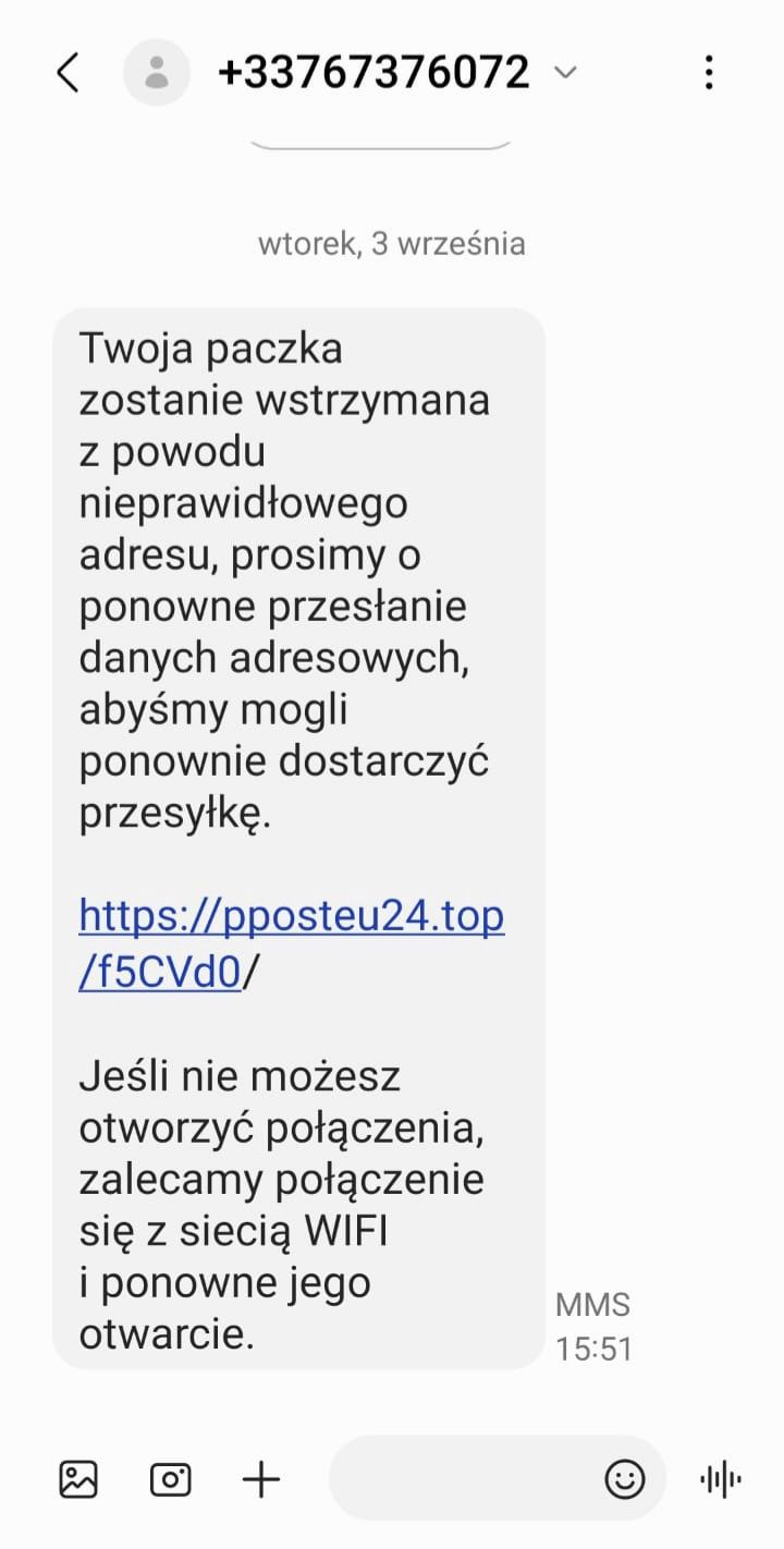 Fałszywy SMS z numeru +33