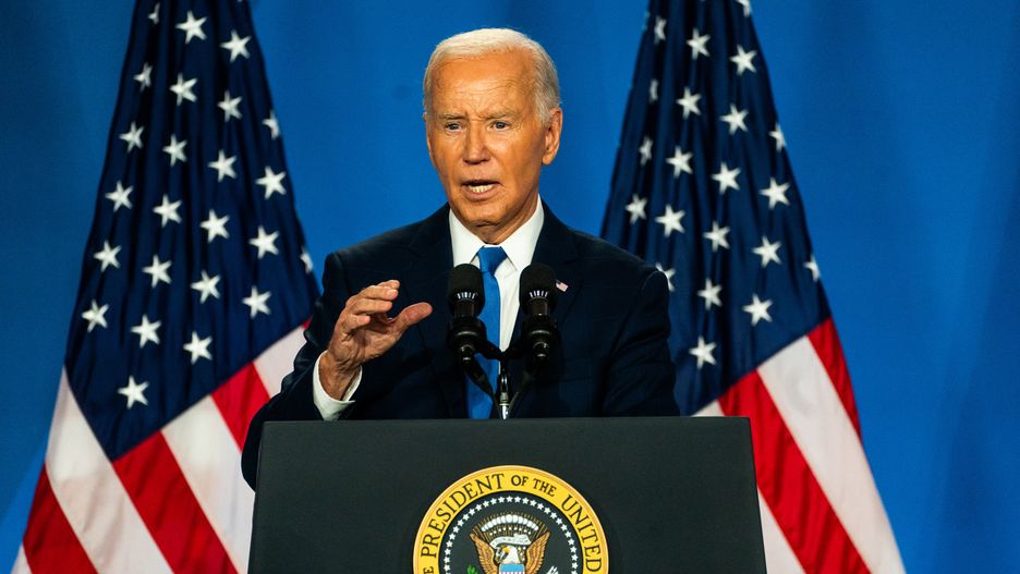 WASHINGTON, DC  July 3, 2024:

President Joe Biden speaks during a press conference at the Walter E. Washington Convention Center during NATO's 75th anniversary summit in Washington, DC, on Thursday, July 11, 2024. 

(Photo by Demetrius Freeman/The Washington Post via Getty Images)