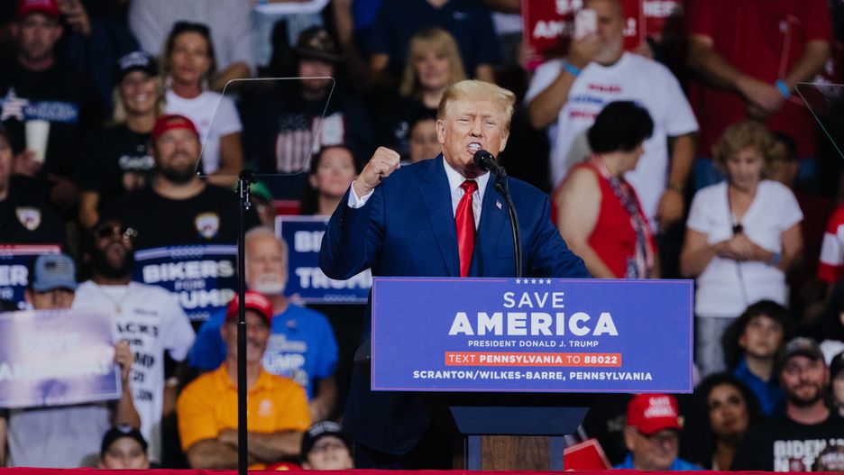 Former US President Donald Trump gestures as he speaks during a rally in Wilkes-Barre, Pennsylvania, US, on Saturday, Sept. 3, 2022. Trump used a Pennsylvania rally to vent his anger at an FBI search of his Florida home and President Joe Bidens attack on political extremism, staking his claim as his successors election rival in 2024. Photographer: Michelle Gustafson/Bloomberg via Getty Images