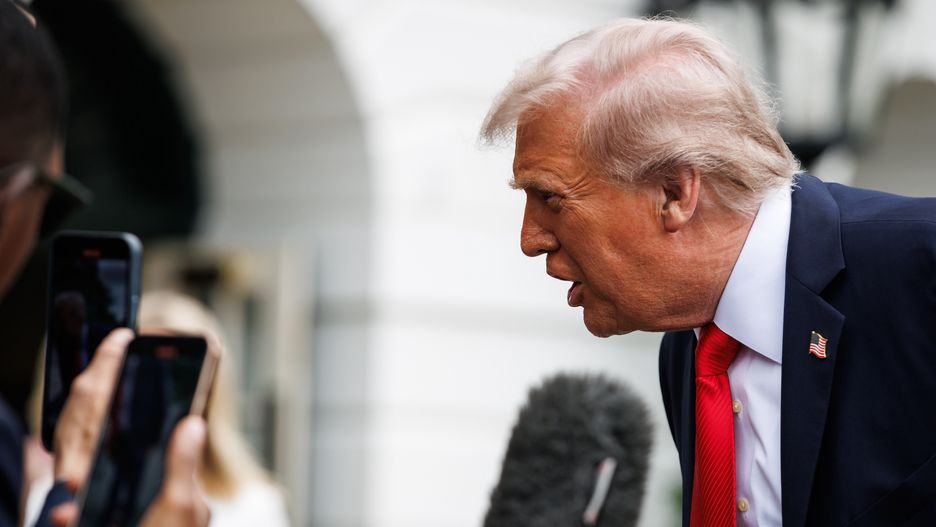 US President Donald Trump speaks to members of the media on the South Lawn of the White House before boarding Marine One in Washington, DC, US, on Sunday, Sept. 7, 2025. Trump moved Friday to exempt graphite, tungsten, uranium, gold bullion and other metals from his country-based tariffs, while subjecting silicone products to the levies. Photographer: Samuel Corum/Sipa/Bloomberg via Getty Images