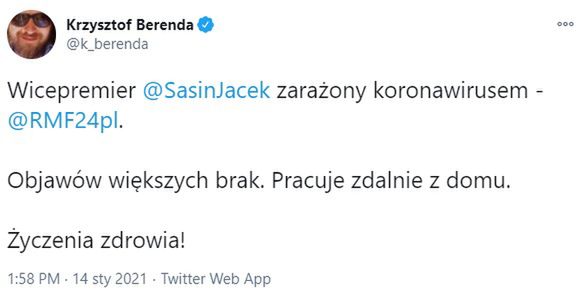 Jacek Sasin jest zarażony koronawirusem