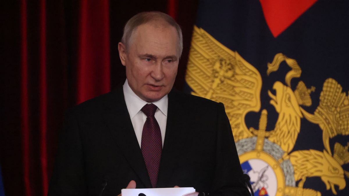 MOSCOW, RUSSIA - MARCH 20: (RUSSIA OUT) Russian President Vladimir Putin speaks during the Expanded Board Meeting at the Interior Ministry on March 20, 2023, in Moscow, Russia. Putin delivered an annual speech to top officers of the Interior Ministry and urged to stop illegal street actions and the spread of "extremist ideology". (Photo by Contributor/Getty Images)