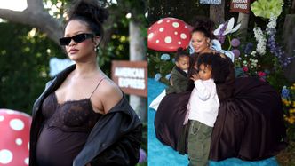 Odziana w halkę Rihanna eksponuje ciążowe krągłości na premierze "Smerfów". Na ściance towarzyszyli jej synowie