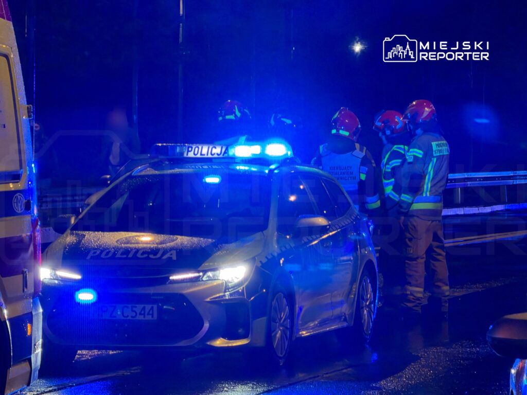 Policjanci i strażacy rozmawiają obok radiowozu z włączonymi sygnałami świetlnymi na mokrej drodze nocą.