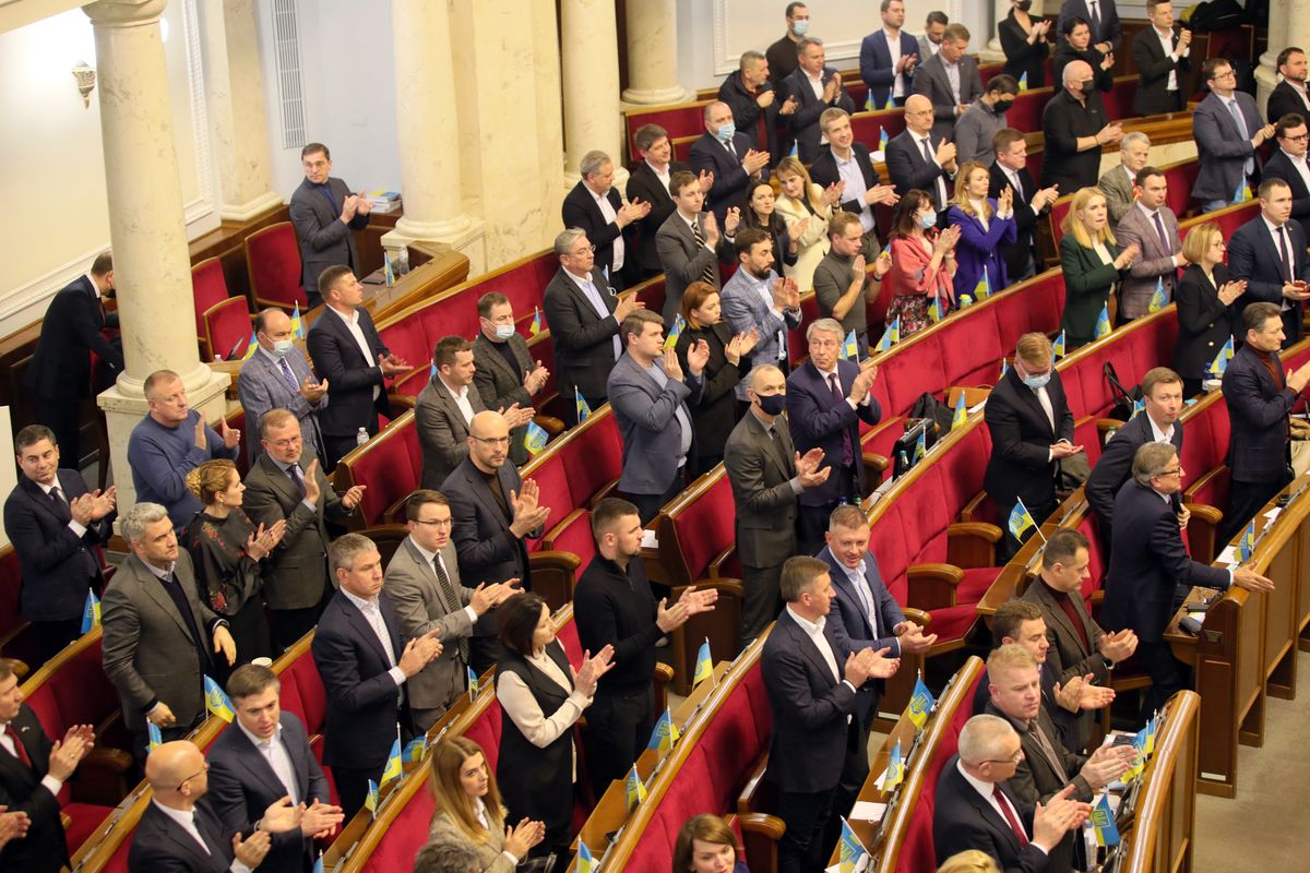 KYIV, UKRAINE - FEBRUARY 23, 2022 - MPs attend an extraordinary sitting of the Ukrainian parliament, Kyiv, capital of Ukraine. The Verkhovna Rada has approved the decree of President Volodymyr Zelensky on the introduction of a state of emergency from 00:00 on February 24, 2022, across the territory of all Ukraine, except Donetsk and Luhansk regions, for a period of 30 days. (Photo credit should read Pavlo_Bagmut/ Ukrinform/Future Publishing via Getty Images)