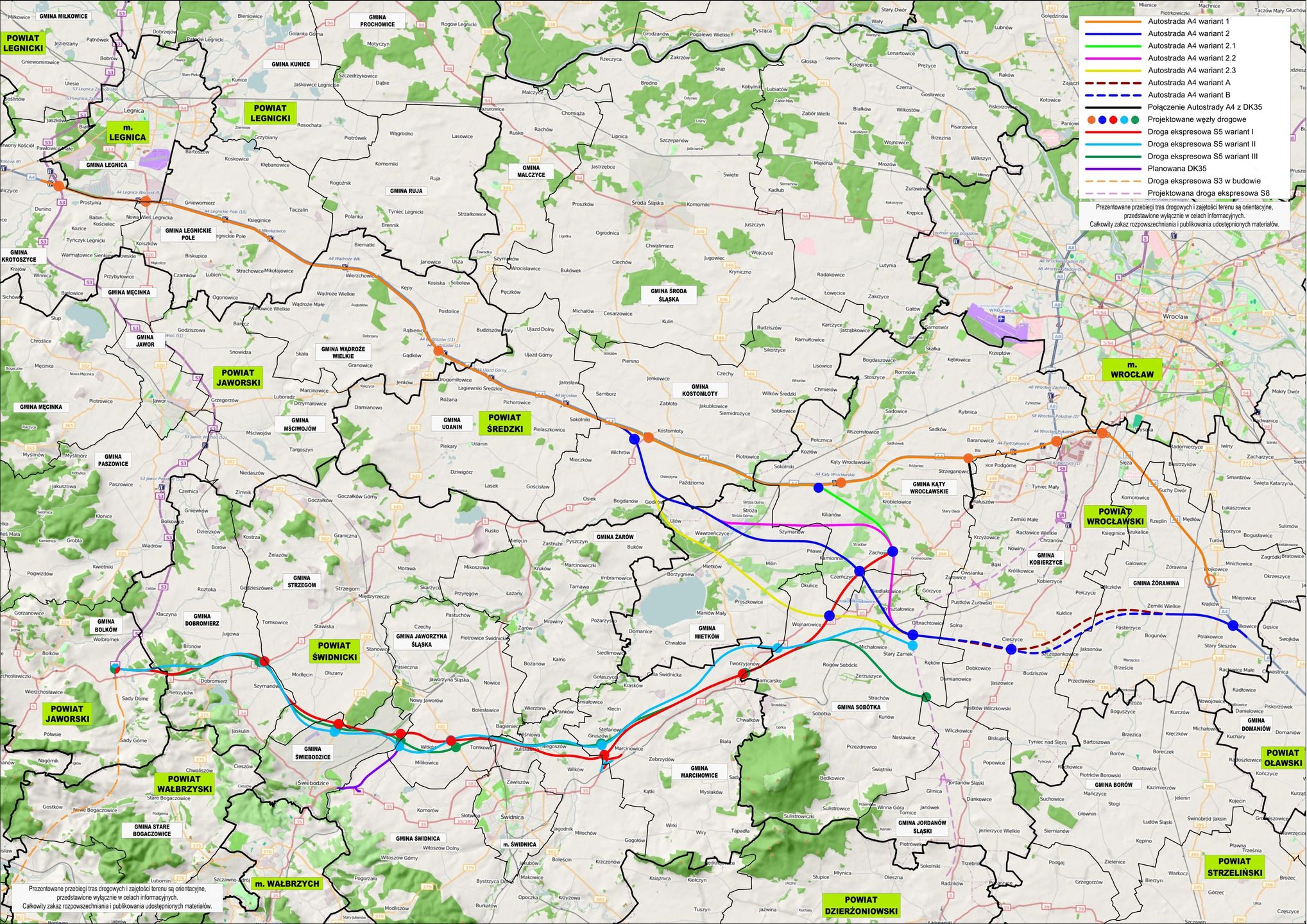 Proponowane warianty przebiegu A4 i drogi ekspresowej S5 w woj. dolnośląskim