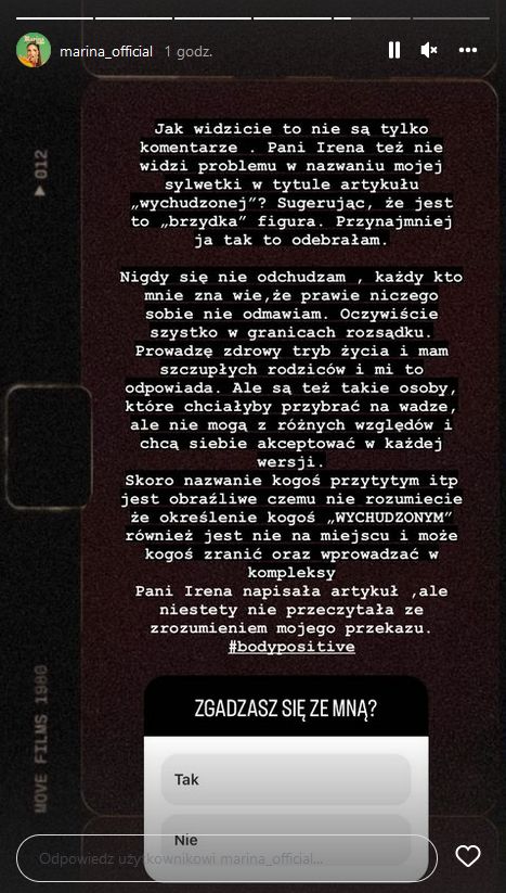 Marina Łuczenko zabiera głos w temacie komentowania wyglądu osób szczupłych
