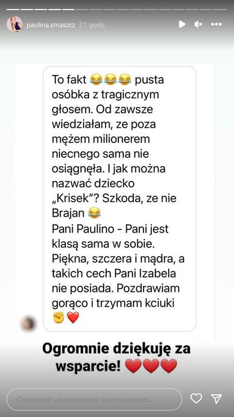 Paulina Smaszcz udostępniła komentarz godzący w syna Izabeli Janachowskiej