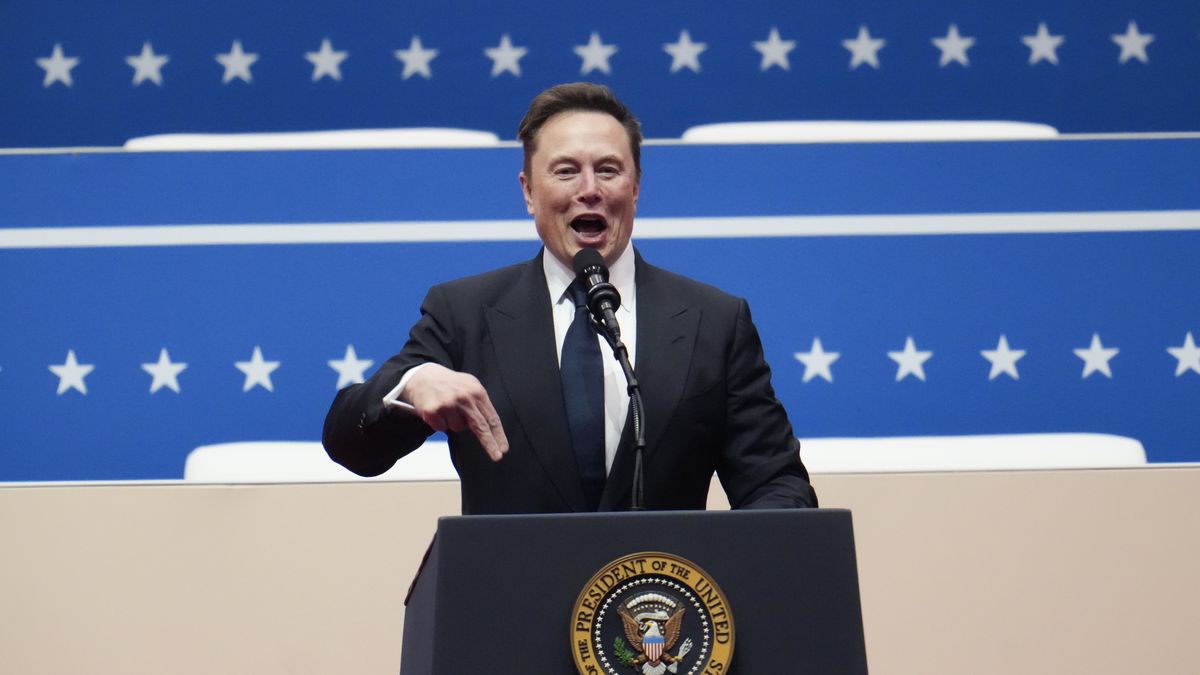 WASHINGTON, DC - JANUARY 20: Tesla, SpaceX and X CEO Elon Musk speaks during an inauguration event at Capital One Arena on January 20, 2025 in Washington, DC. Donald Trump takes office for his second term as the 47th president of the United States. (Photo by Christopher Furlong/Getty Images)