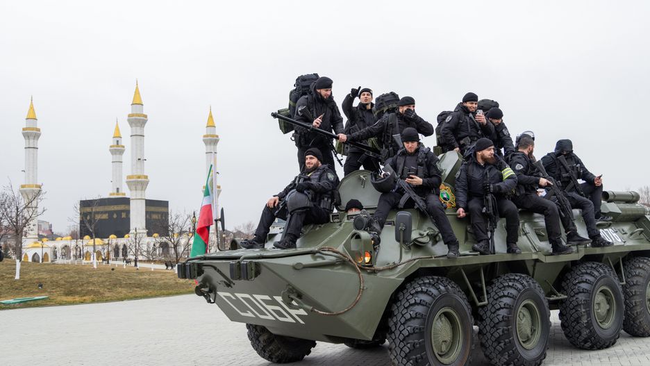 GROZNY, CHECHEN REPUBLIC, RUSSIA - FEBRUARY 25, 2022: Servicemen take part in a review of the Chechen Republic's troops and military hardware at the residence of Ramzan Kadyrov, head of the Chechen Republic. Early on 24 February, Russia's President Putin announced his decision to launch a special military operation after considering requests from the leaders of the Donetsk People's Republic and Lugansk People's Republic. Yelena Afonina/TASS (Photo by Yelena Afonina\TASS via Getty Images)