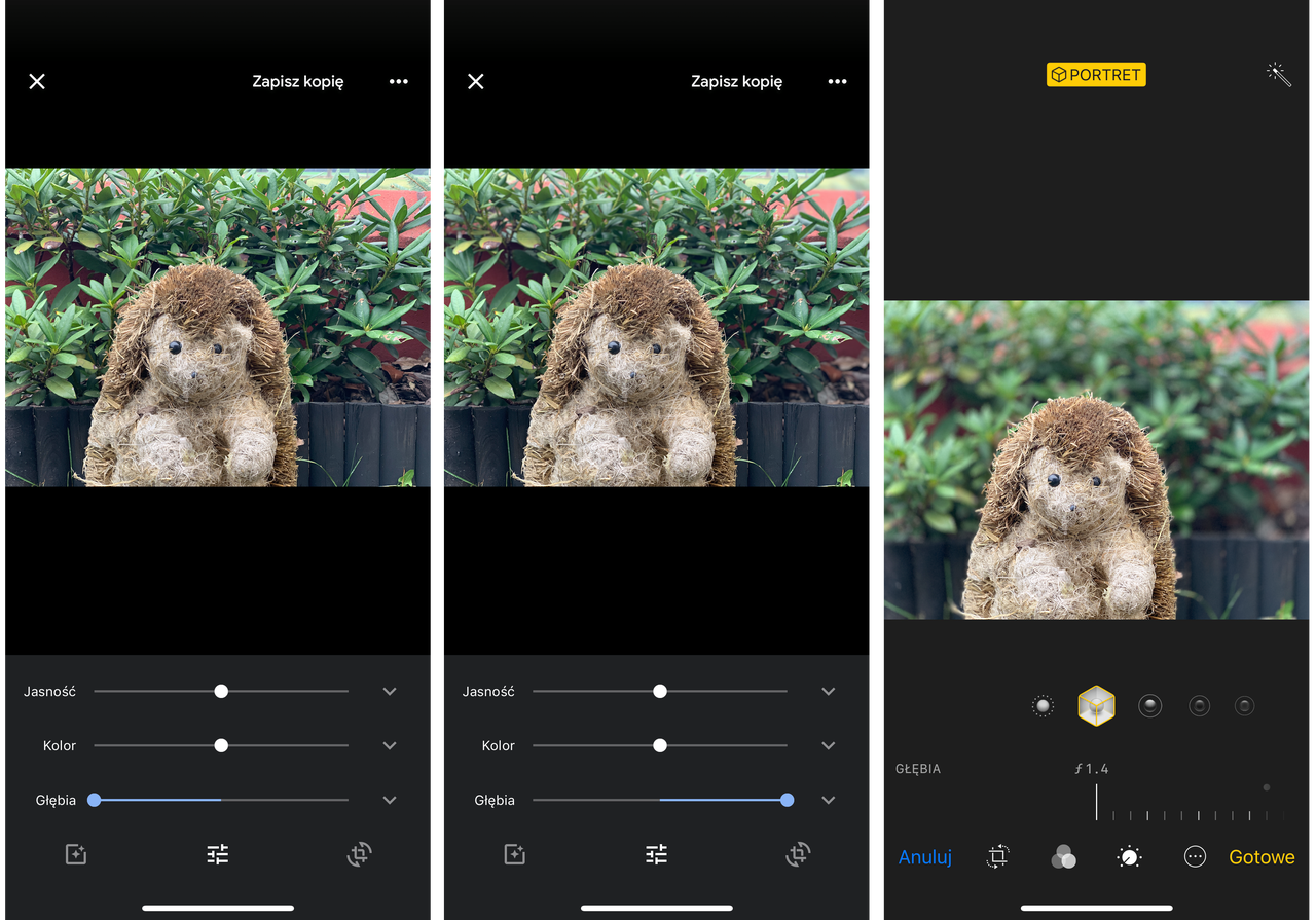 Różne ustawienia głębi w Zdjęciach Google, po prawej Apple Photos z maksymalnym rozmyciem