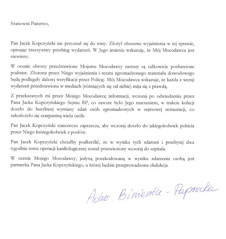 Oświadczenie pełnomocniczki Kopczyńskiego 