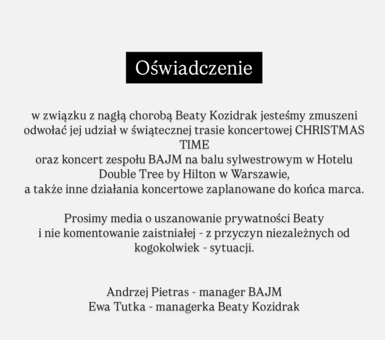 Beata Kozidrak zawiesza koncerty aż do końca marca