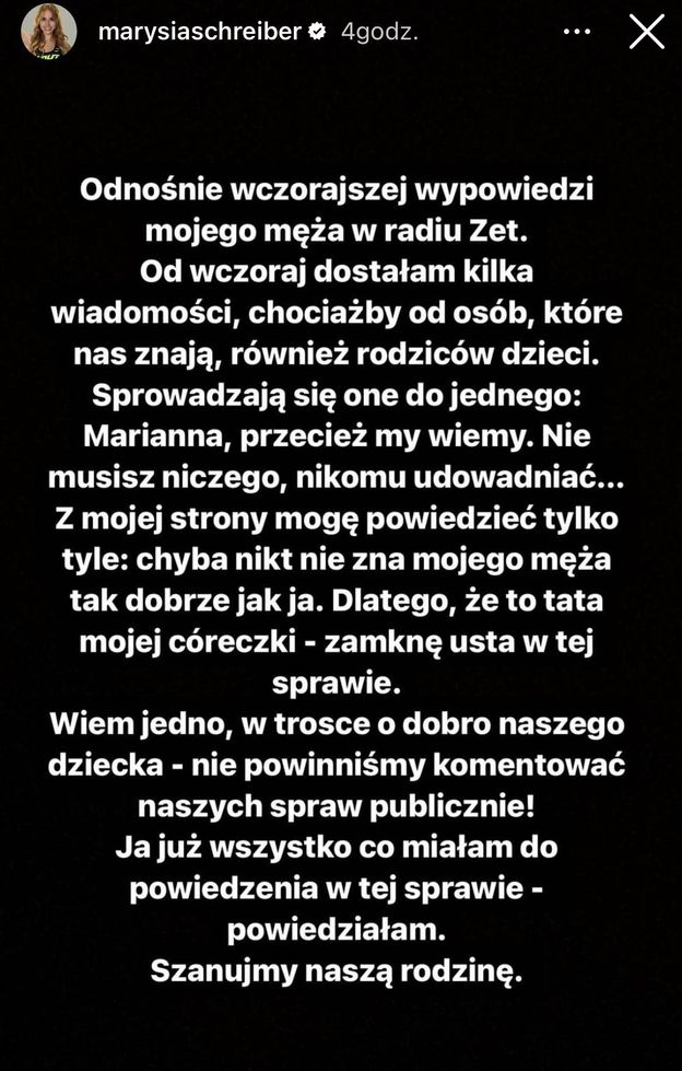 Marianna Schreiber REAGUJE na wywody męża i grzmi: "Nie powinniśmy komentować naszych spraw publicznie!"