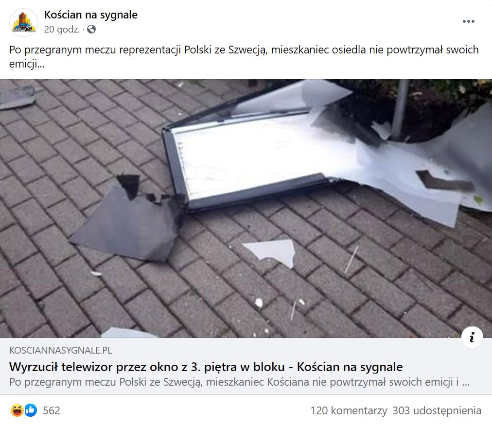 Porażka ze Szwecją. Kibic wyrzucił telewizor przez okno