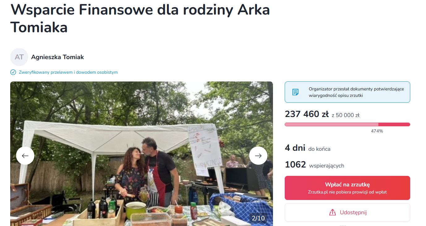 zrzutka dla rodziny Arkadiusza Tomiaka
