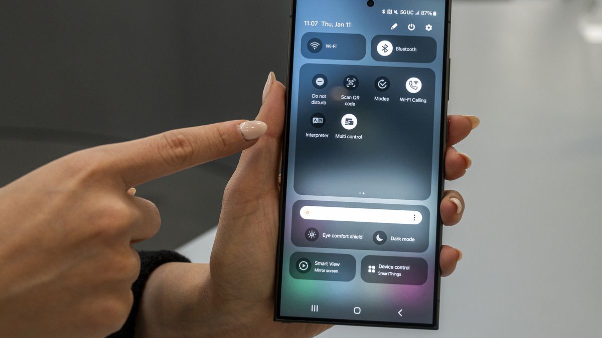 The Interpreter application on a Samsung S24 smartphone during a Samsung Unveiled event in Las Vegas, Nevada, US, on Thursday, Jan. 11, 2024. Samsung Electronics Co. is turning to artificial intelligence features to revamp its flagship Galaxy smartphones, betting that the technology can give it an advantage over Apple Inc.'s iPhone. Photographer: David Paul Morris/Bloomberg via Getty Images
