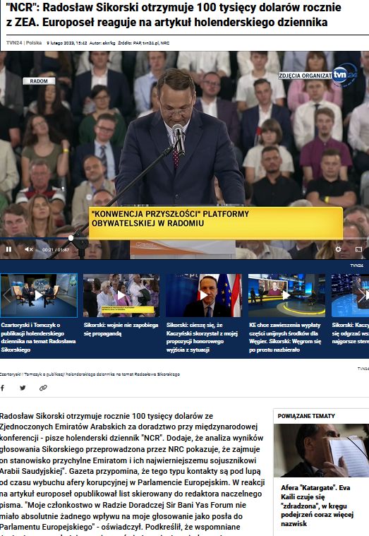 Screen z portalu TVN24 z dnia. Publikacja o europośle Sikorskim pojawiła się na stronach portalu  9 lutego 