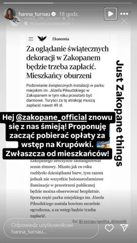 Hanna Turnau oburzona nową opłatą w Zakopanem