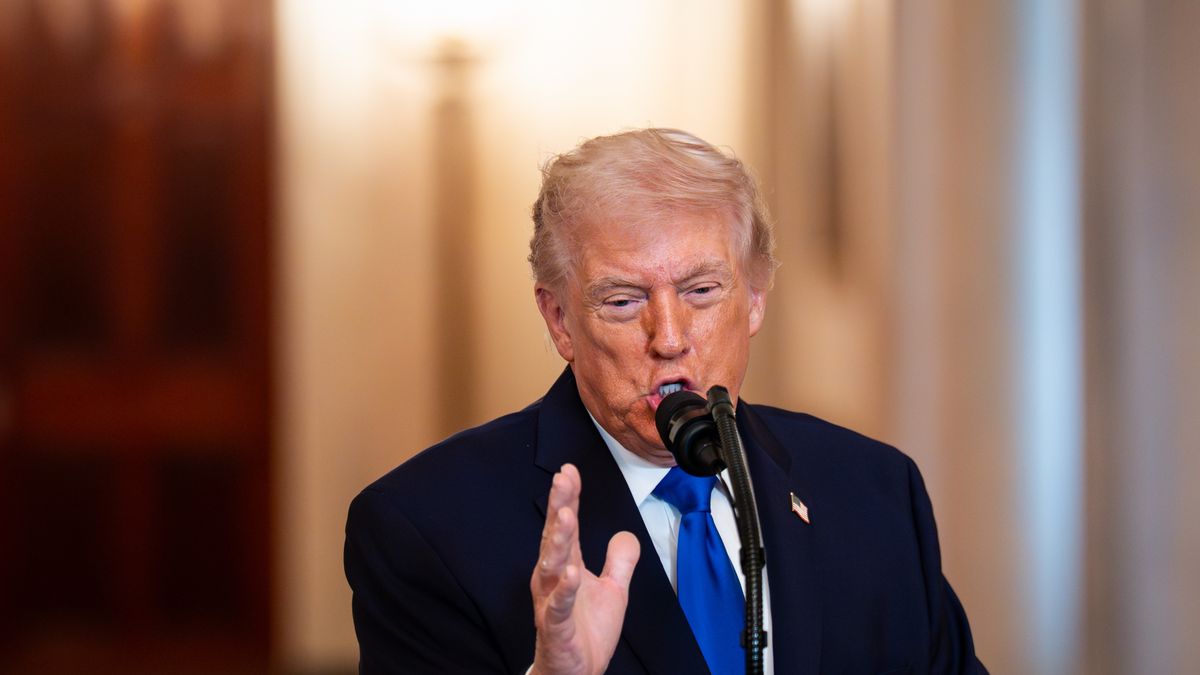 US President Donald Trump speaks during an angel families remembrance ceremony in the East Room of the White House in Washington, DC, US, on Monday, Feb. 23, 2026. President Donald Trump threatened higher tariffs on goods from countries that "play games" with their existing US trade agreements following the Supreme Court's decision quashing his global duties. Photographer: Al Drago/Bloomberg via Getty Images