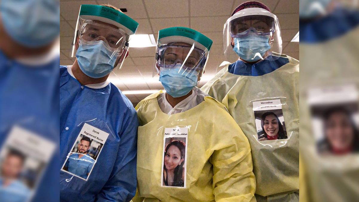 Lekarze przyczepiają sobie uśmiechnięte zdjęcia do kombinezonów, by rozweselić pacjentów 1