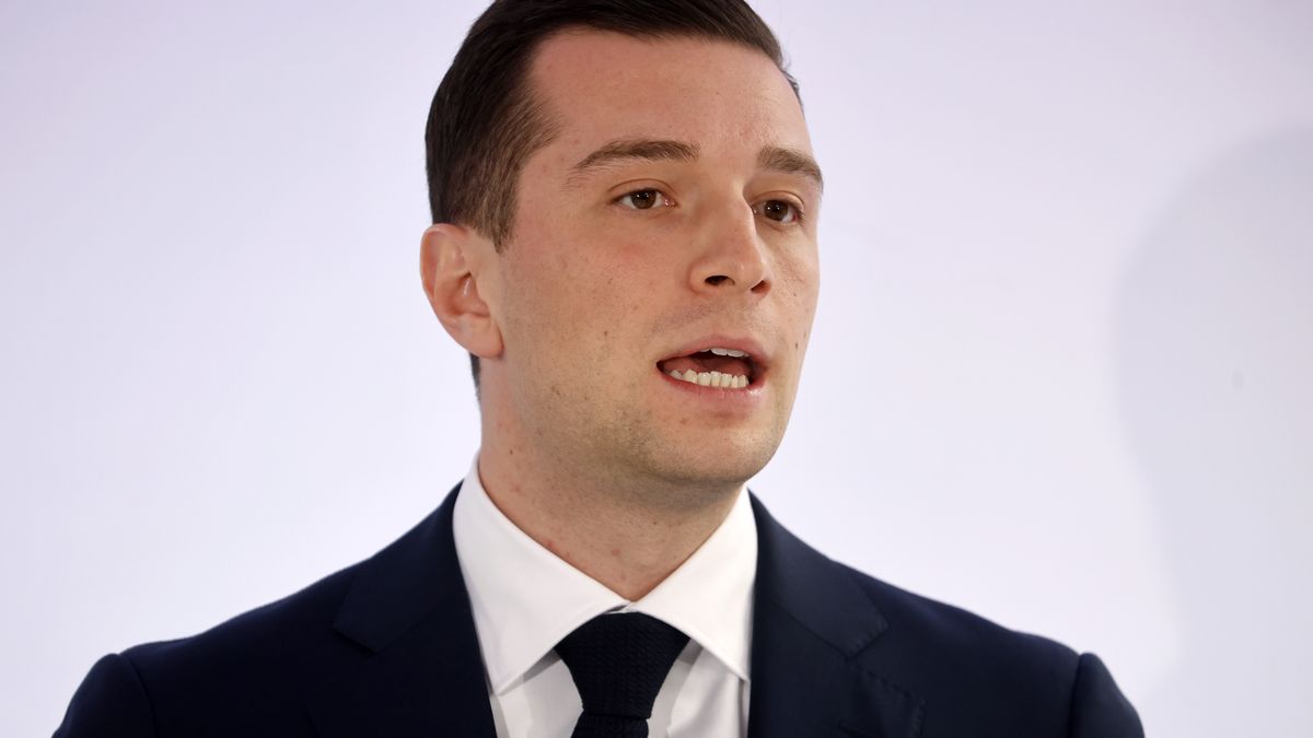 PARIS, FRANCE - APRIL 25: French far-right Rassemblement National (RN) party's President and RN candidate for the European elections Jordan Bardella presents the party's program for European union (EU) parliamentary elections during a press conference on April 25, 2024 in Paris, France. The National Rally list led by Jordan Bardella is well ahead with 32% of voting intentions for the European elections of June 9, 2024 according to an Ifop-Fiducial poll. (Photo by Chesnot/Getty Images)