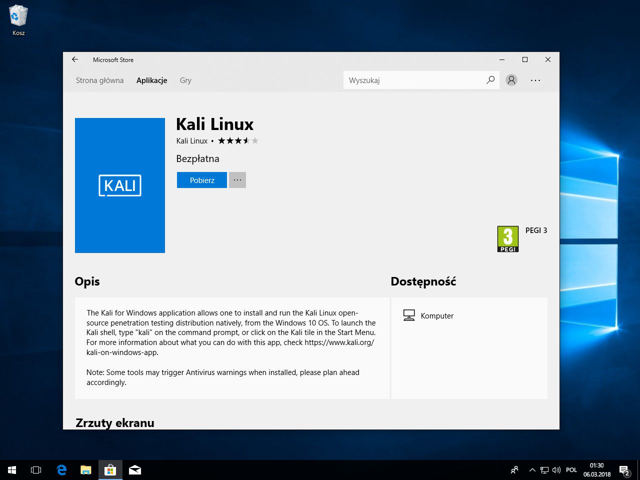 Zaufany Kali Linux w Microsoft Store