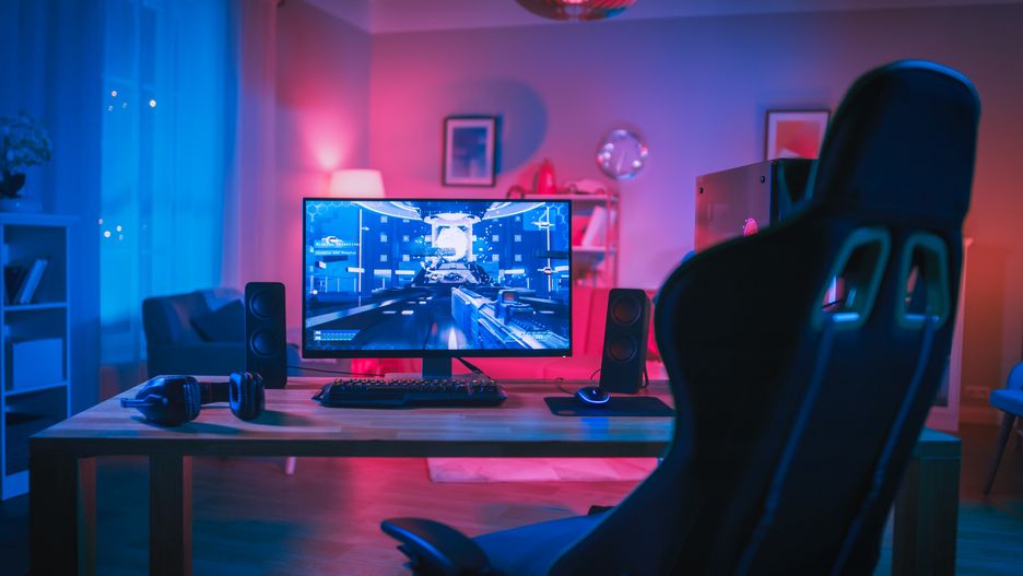 Powerful Personal Computer Gamer Rig with First-Person Shooter Game on Screen. Monitor Stands on the Table at Home. Cozy Room with Modern Design is Lit with Pink Neon Light.
Gorodenkoff Productions OU
PC, action, apartment, chair, computer, cooler, cozy, cyber, digital, display, e, e sport, empty, energy, entertainment, esport, futuristic, game, gamer, gaming, headphones, headset, hobby, home, internet, keyboard, lamp, led, leisure, lifestyle, lights, machine, modern, monitor, neon, nobody, online, play, player, power, process, reality, rig, room, sci-fi, screen, shooter, sound, speakers, technology, video, virtual, vivid, work