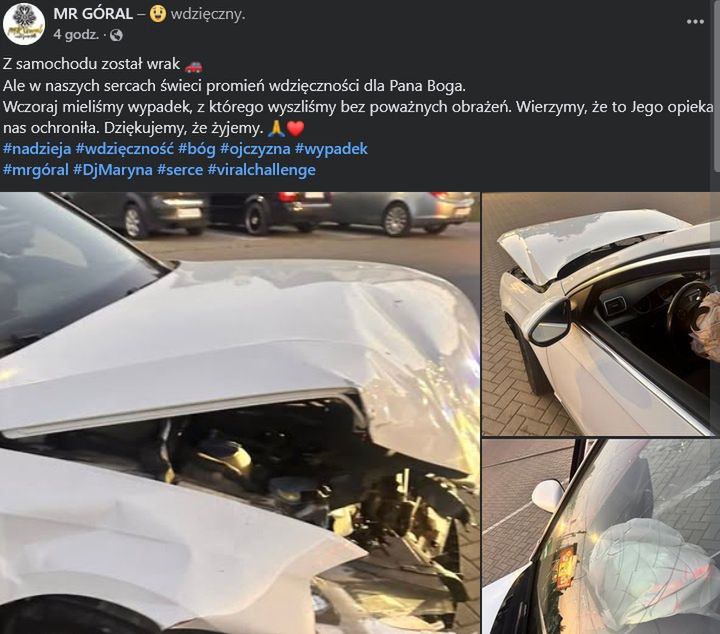 Mr Góral pokazał zniszczone auto po wypadku