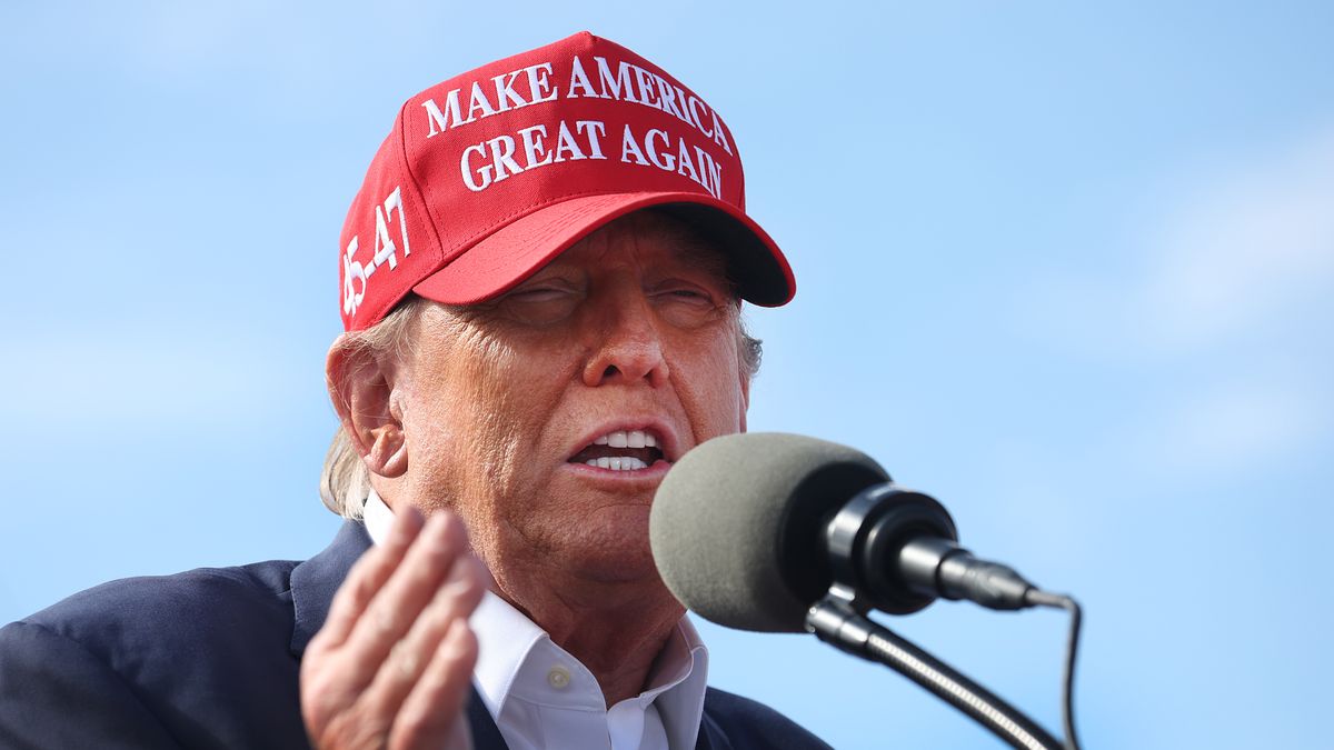 VANDALIA, OHIO - MARCH 16: Republican presidential candidate former President Donald Trump  speaks to supporters during a rally at the Dayton International Airport on March 16, 2024 in Vandalia, Ohio.  The rally was hosted by the Buckeye Values PAC. (Photo by Scott Olson/Getty Images)