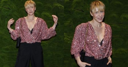 Katarzyna Warnke "medytuje" na ściance, świecąc dekoltem w cekinowej bluzce (ZDJĘCIA)