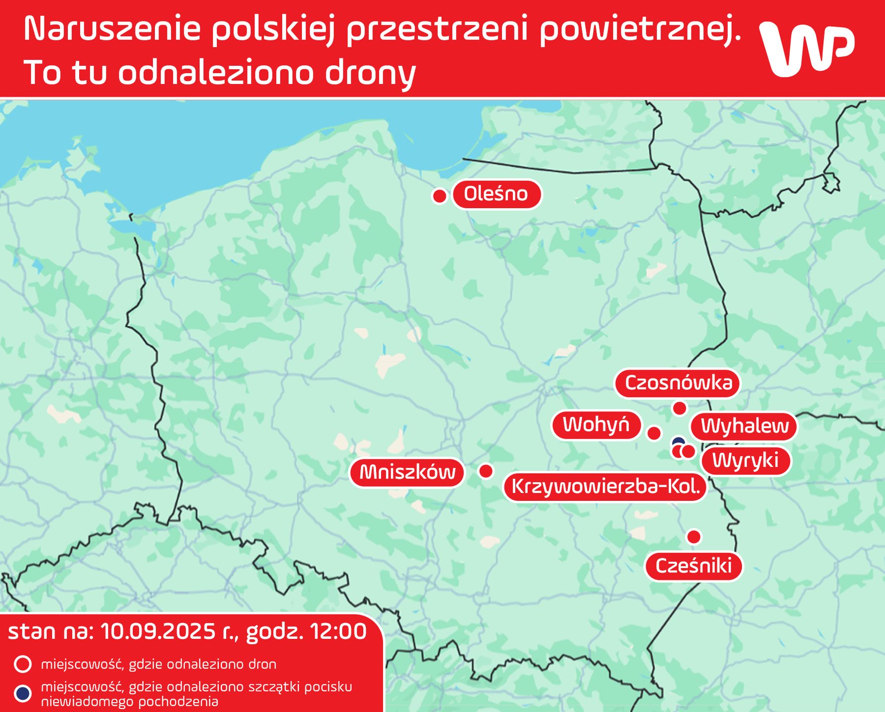 Miejsca upadku dronów i szczątków pocisku