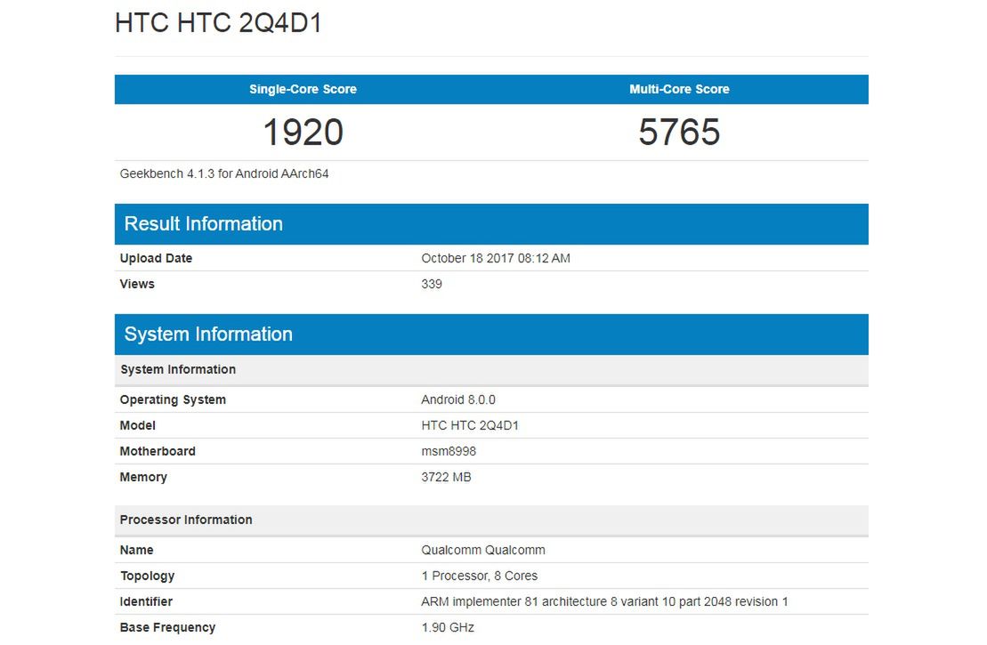 HTC U11 Plus w bazie Geekbench
