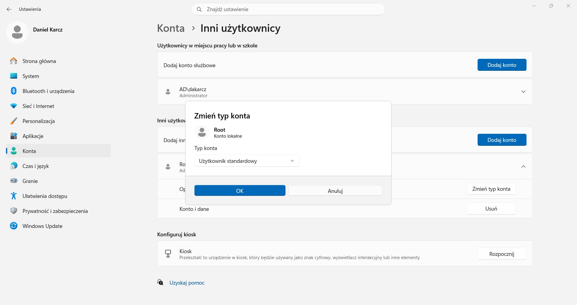 Utwórz konto standardowe do codziennego używania
