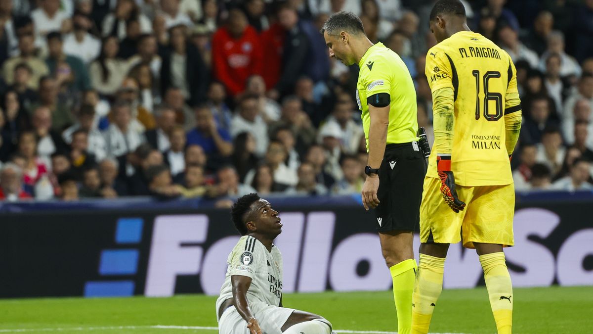 Real Madrid's Vinicius Jr (L) reacts next to AC Milan's goalkeeper Mike Maignan (R) and Slovenian referee Slavko Vincic (C) during the UEFA Champions League soccer match between Real Madrid and AC Milan, in Madrid, Spain, 05 November 2024. EPA/Juanjo Martin Dostawca: PAP/EPA.