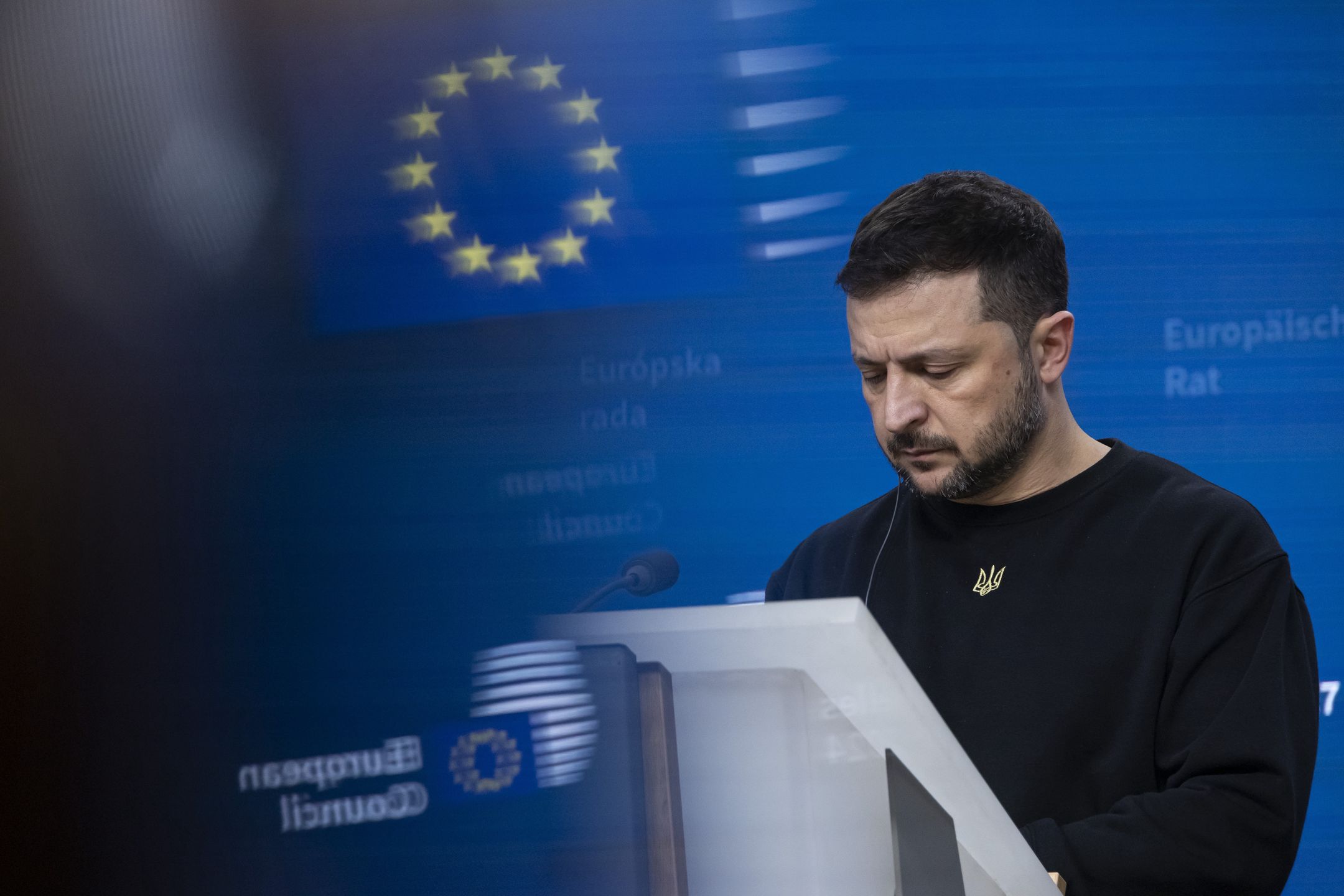 President of Ukraine Volodymyr Zelenskyy addresses a press conference during his visit at the European Council Summit, the EU leaders meeting at the headquarters of the European Union. The Ukrainian President responded to questions from journalists of international media, focusing on the victory plan and NATO. Brussels, Belgium on October 17, 2024 (Photo by Nicolas Economou/NurPhoto via Getty Images)