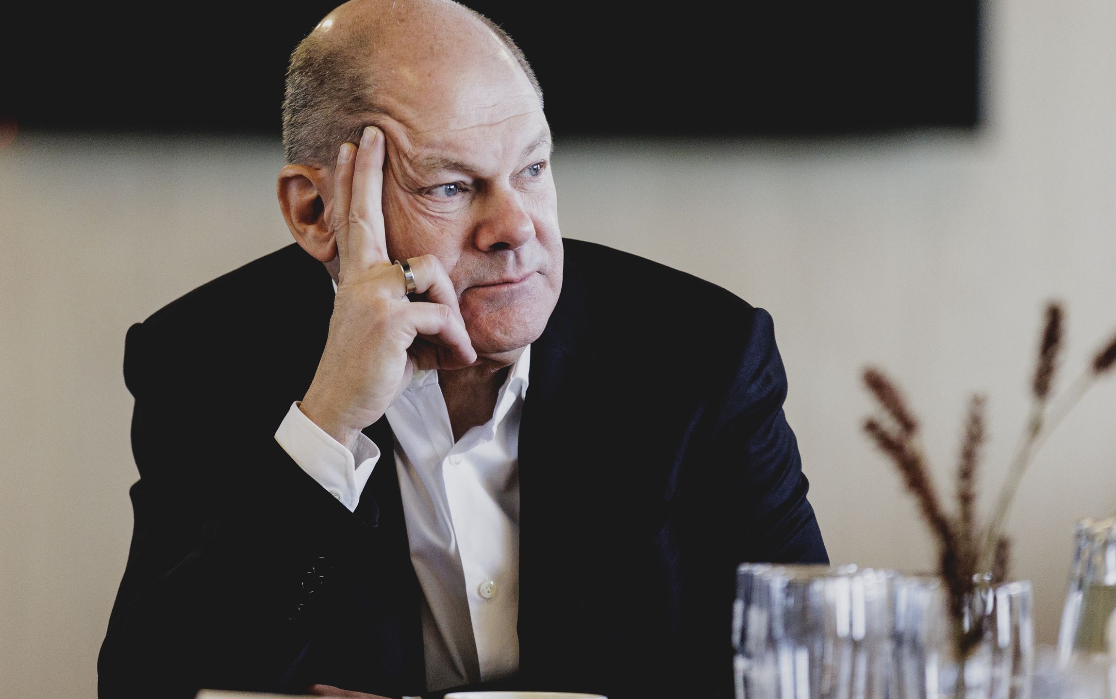 POTSDAM, GERMANY - FEBRUARY 26: Federal Chancellor Olaf Scholz (SPD) is pictured during a meeting with migrants and representatives of NGOs in the stadium of SV Babelsberg on February 26, 2024 in Potsdam, Germany. The football club stands up against racism, antisemitism and hostility to foreigners. (Photo by Florian Gaertner/Photothek via Getty Images)