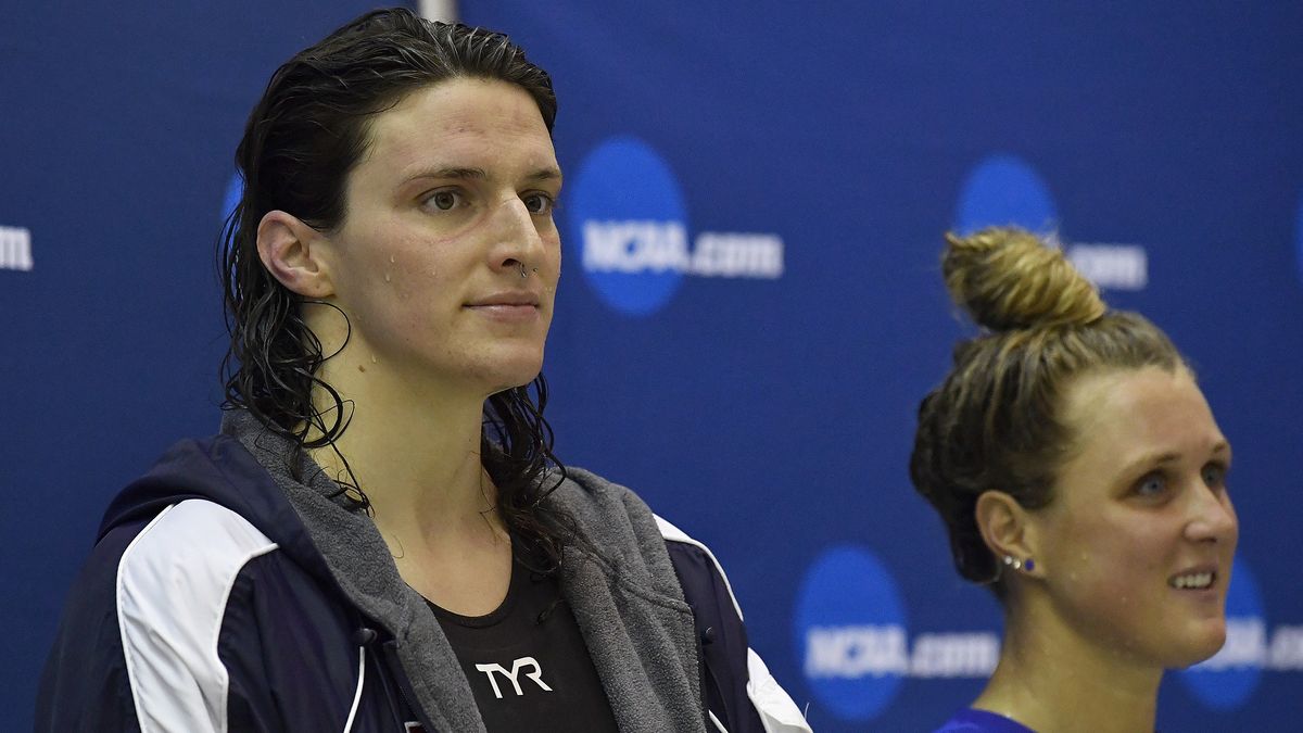 ATLANTA, GEORGIA - MARCH 18: Lia Thomas looks on from the podium after finishing fifth in the 200 Yard Freestyle during the 2022 NCAA Division I Women's Swimming & Diving Championship at the McAuley Aquatic Center on the campus of the Georgia Institute of Technology on March 18, 2022 in Atlanta, Georgia. (Photo by Mike Comer/NCAA Photos via Getty Images)