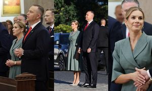 Karol i Marta Nawroccy na obchodach Święta Wojska Polskiego. Pierwsza dama pokusiła się o taliowaną sukienkę (ZDJĘCIA)