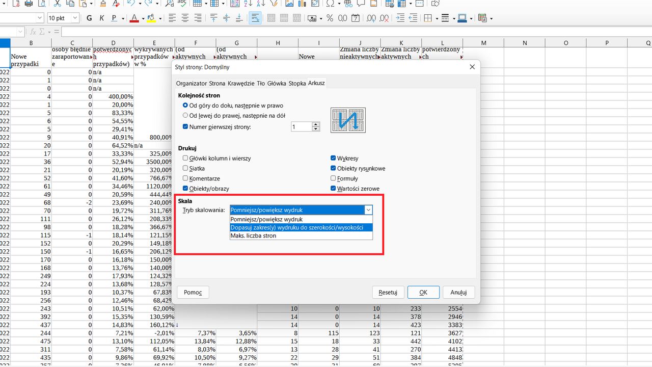 LibreOffice Calc: dopasuj zakres wydruku do szerokości/wysokości
