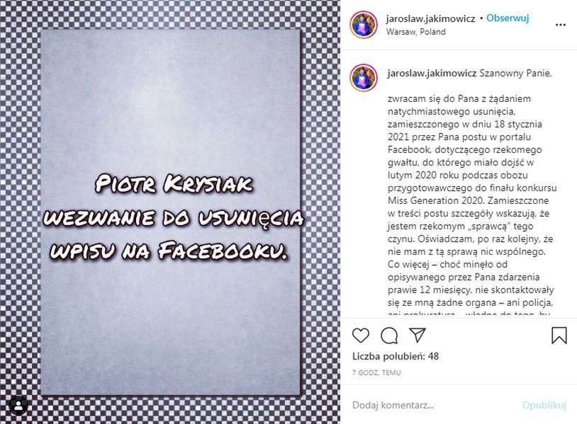 Jarosław Jakimowicz grozi Piotrowi Krysiakowi sądem